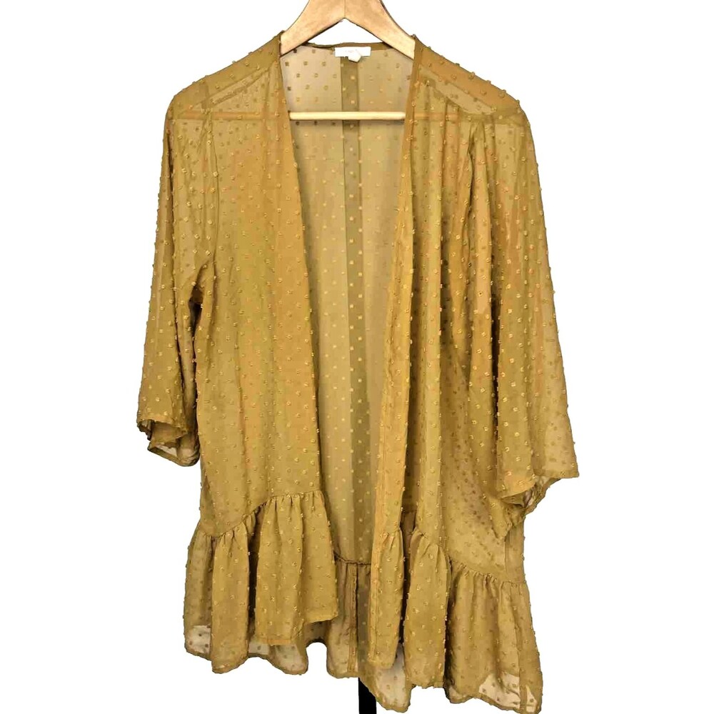 Maurice's Open Kimono Cardigan 0X Plus Ruffle Hem Sheer Swiss Dot Layer Gold
